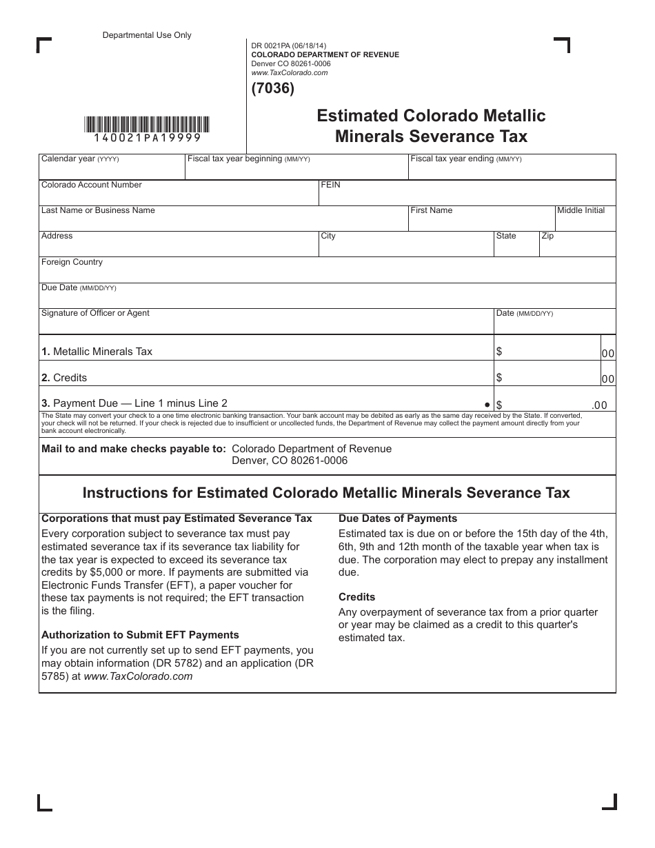 Form DR0021PA Estimated Colorado Metallic Minerals Severance Tax - Colorado, Page 1