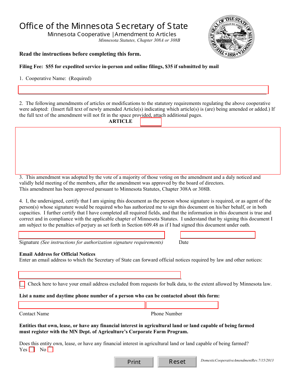 Minnesota Minnesota Cooperative Amendment to Articles - Fill Out, Sign ...