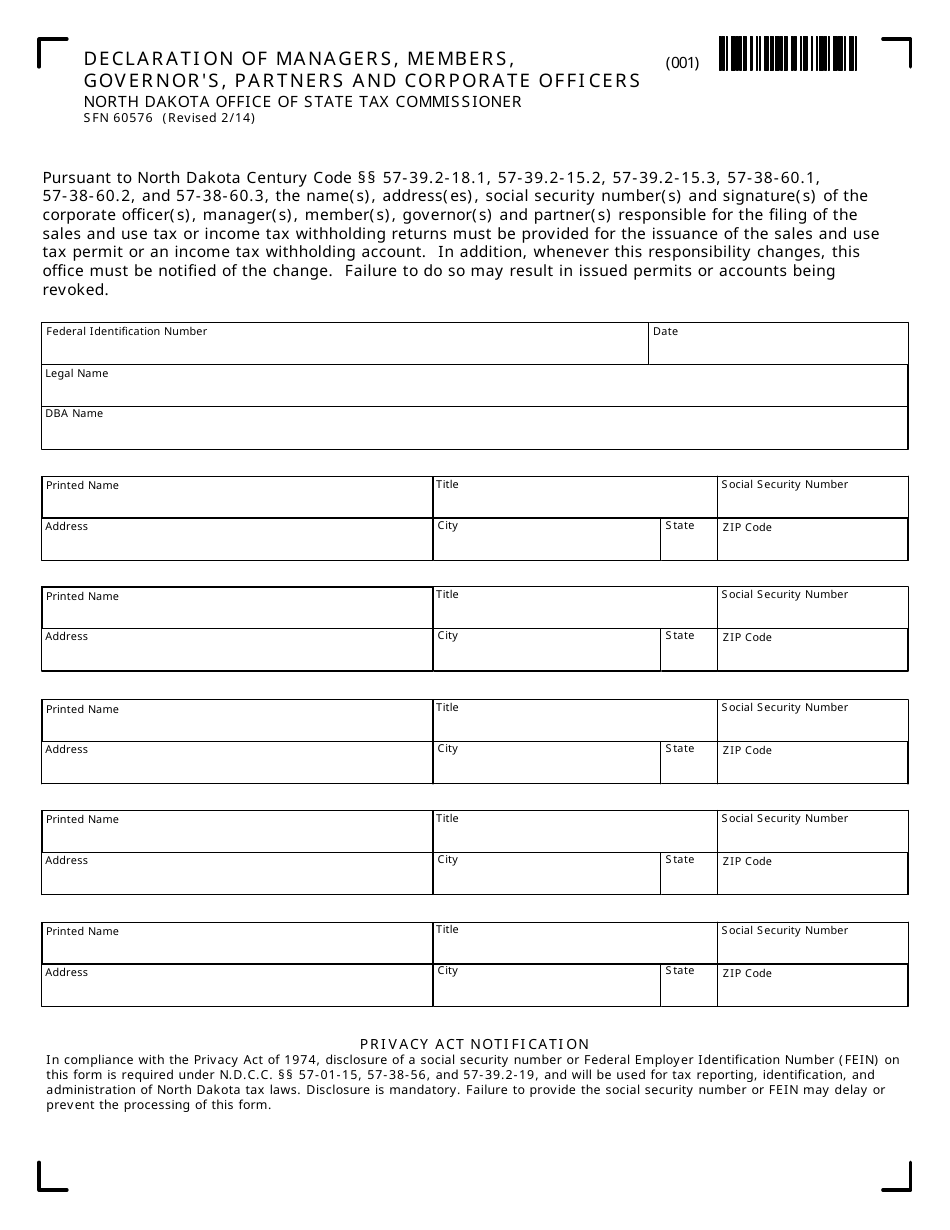 Form SFN60576 Declaration of Managers, Members, Governors, Partners  Corporate Officers - North Dakota, Page 1