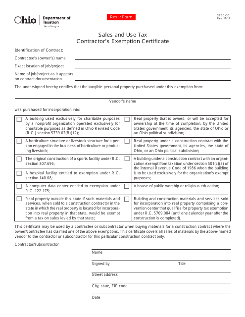 Form STEC CO Contractor's Exemption Certificate - Ohio