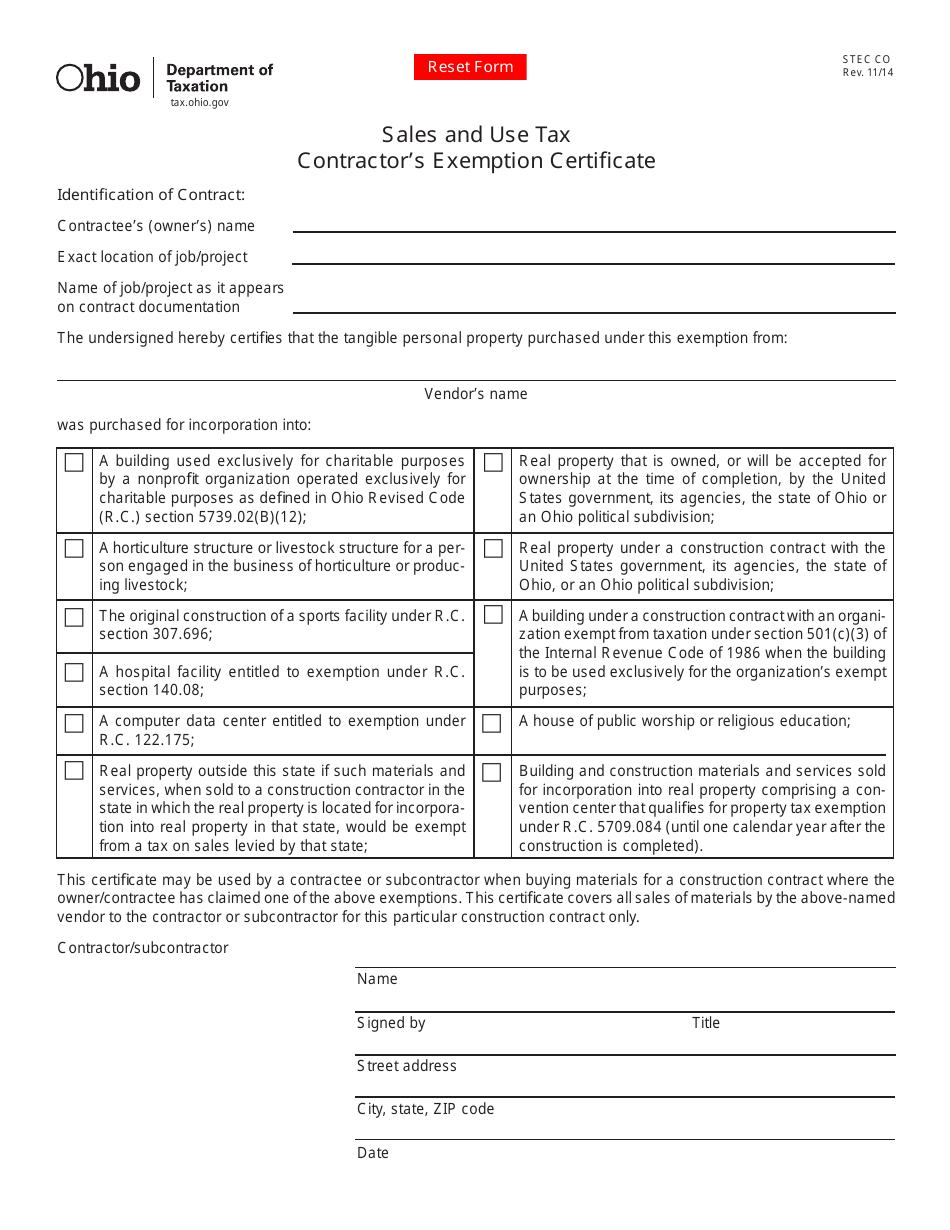 Form STEC CO Contractors Exemption Certificate - Ohio, Page 1