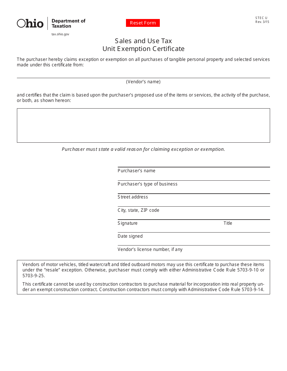 Form STEC U Sales and Use Tax Unit Exemption Certificate - Ohio, Page 1