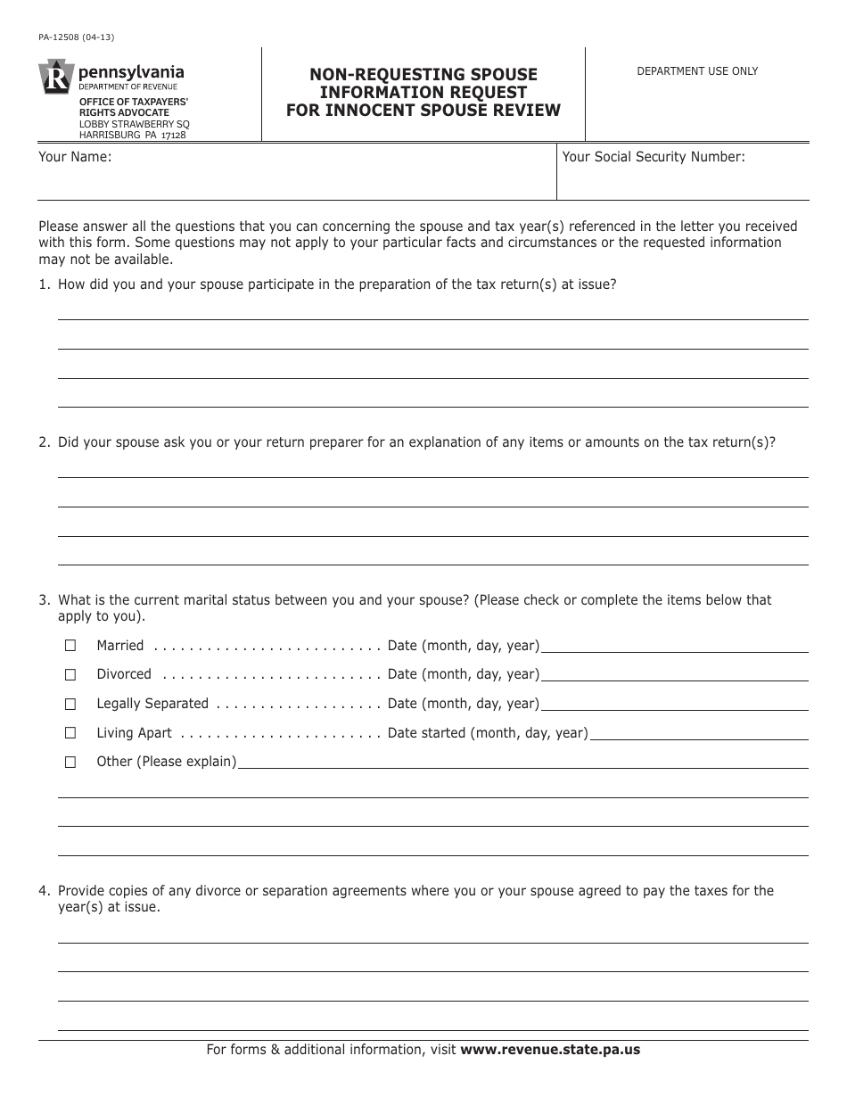 Form PA-12508 Non-requesting Spouse Information Request for Innocent Spouse Review - Pennsylvania, Page 1