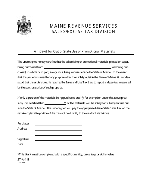Form ST-A-118 Affidavit for out of State Use of Promotional Materials - Maine