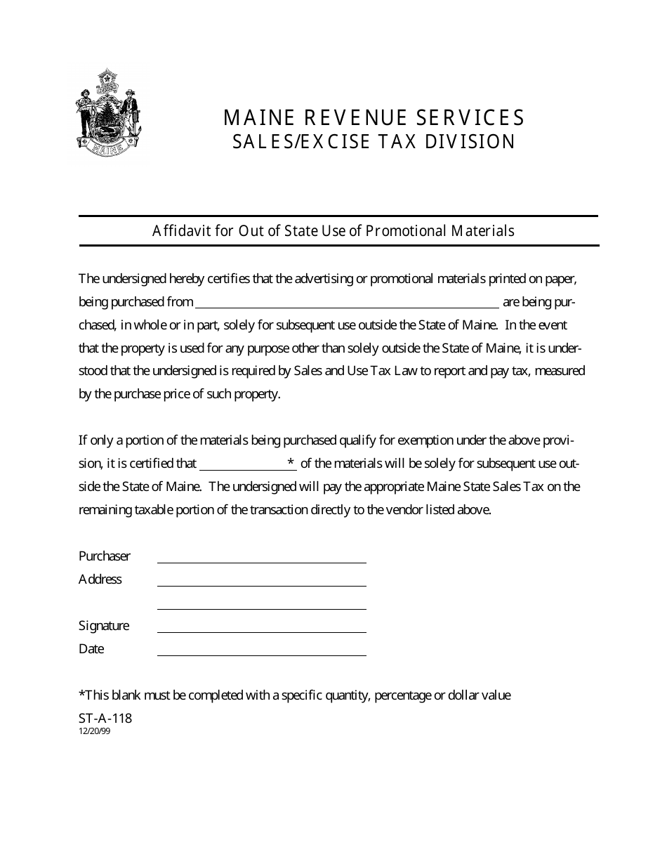 Form ST-A-118 Affidavit for out of State Use of Promotional Materials - Maine, Page 1