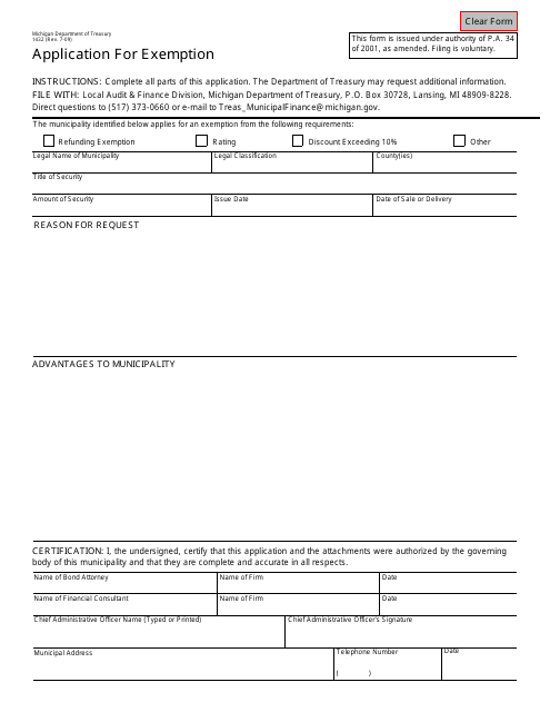 Form 1432 Application for Exemption - Michigan