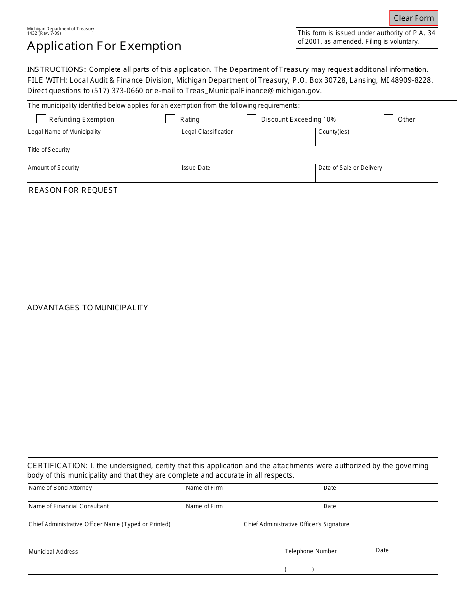 Form 1432 Application for Exemption - Michigan, Page 1