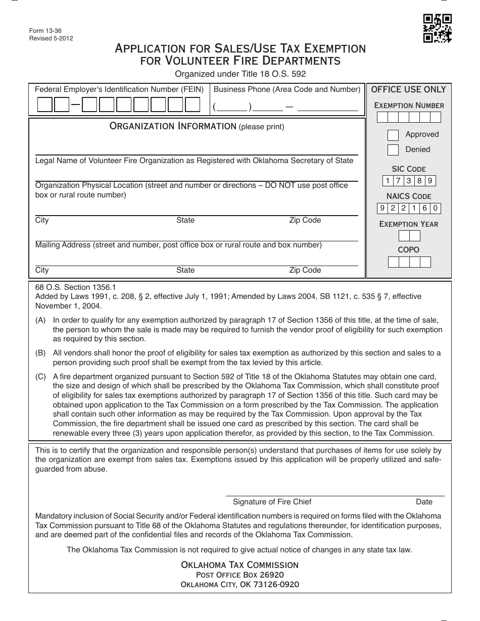 OTC Form 13-36 Application for Sales / Use Tax Exemption for Volunteer Fire Departments - Oklahoma, Page 1