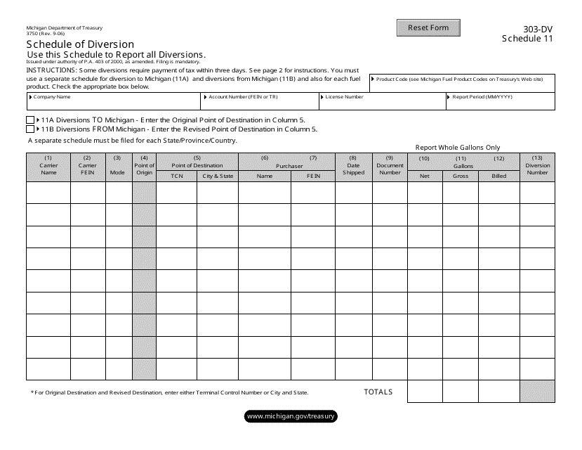 Form 3750 (303-DV) Schedule 11 Schedule of Diversion - Michigan