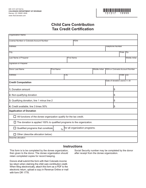 Form DR1317 Child Care Contribution Tax Credit Certification - Colorado
