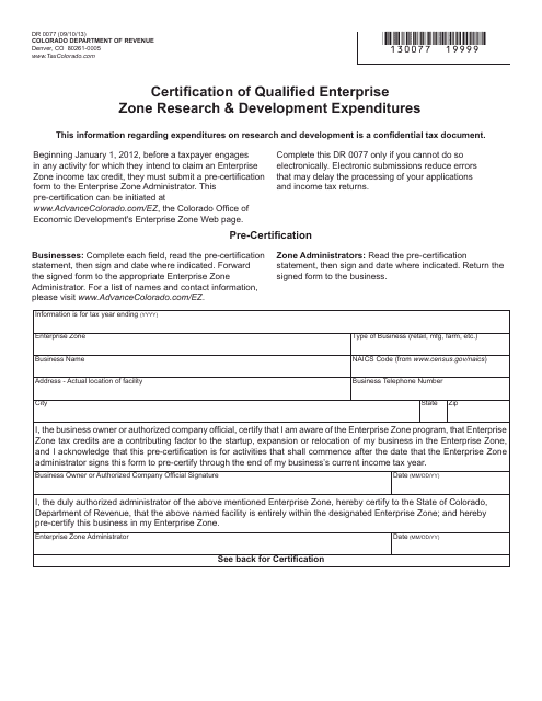 Form DR0077 Certification of Qualified Enterprise Zone Research & Development Expenditures - Colorado