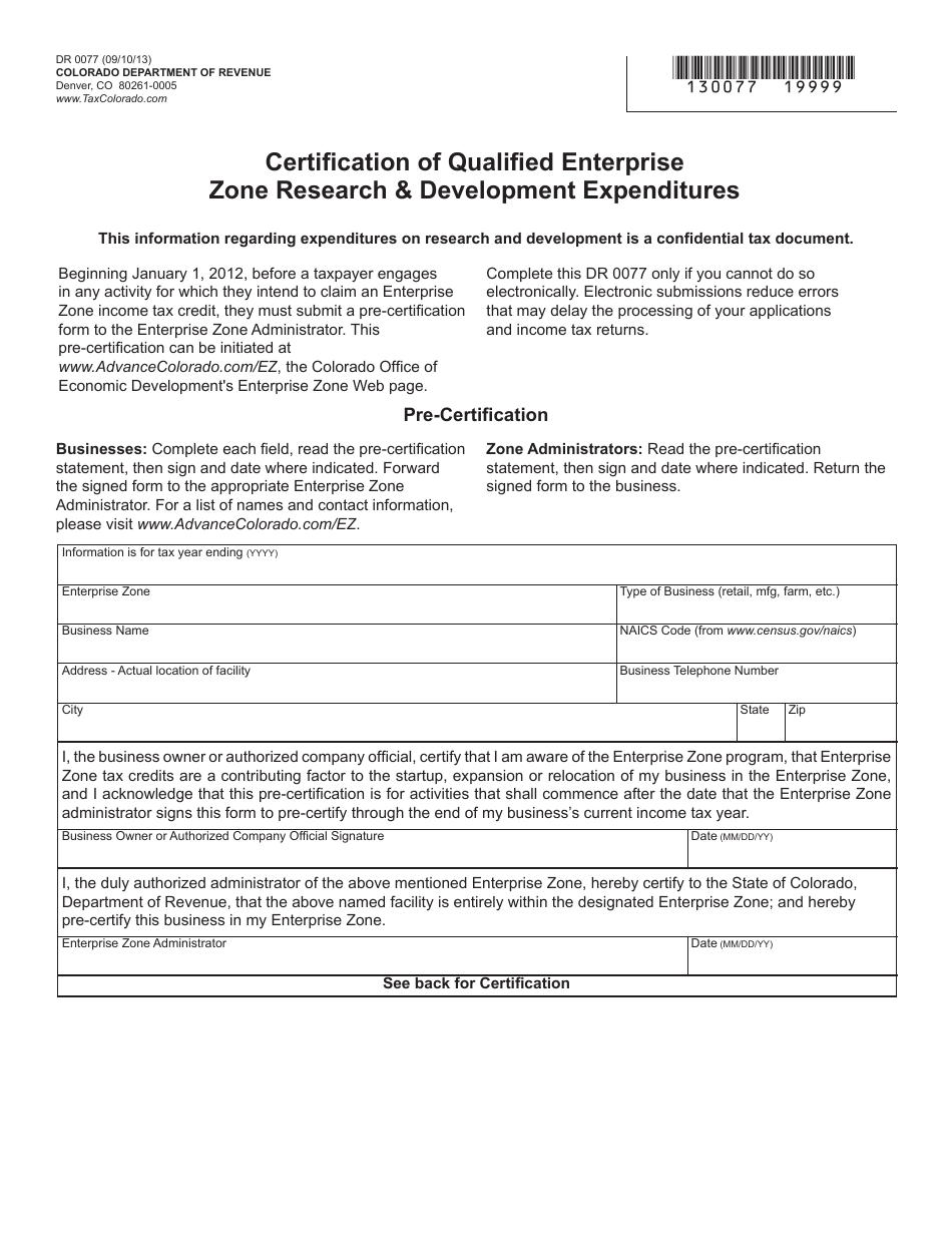 Form DR0077 Certification of Qualified Enterprise Zone Research  Development Expenditures - Colorado, Page 1