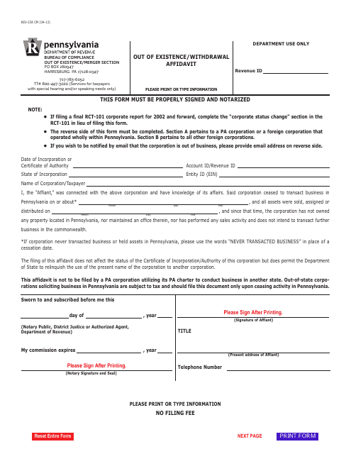 Form REV-238 CM Out of Existence/Withdrawal Affidavit - Pennsylvania