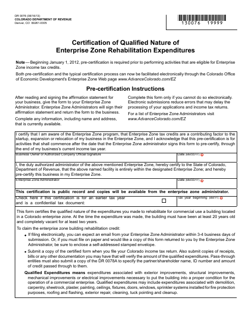 Form DR0076 Certification of Qualified Nature of Enterprise Zone Rehabilitation Expenditures - Colorado
