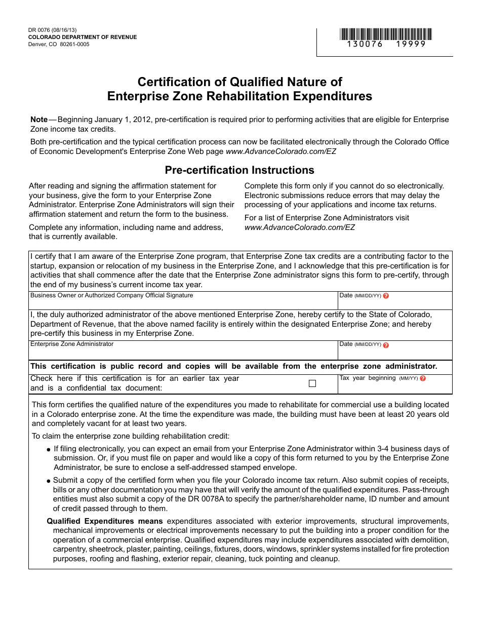 Form DR0076 Certification of Qualified Nature of Enterprise Zone Rehabilitation Expenditures - Colorado, Page 1