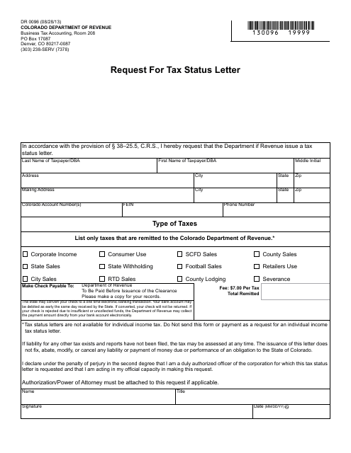 Form DR0096 Request for Tax Status Letter - Colorado