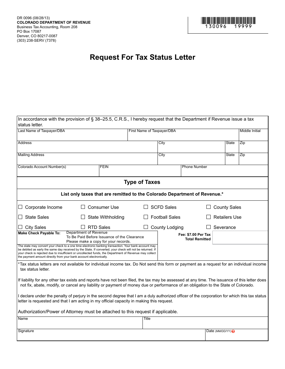 Form DR0096 Request for Tax Status Letter - Colorado, Page 1