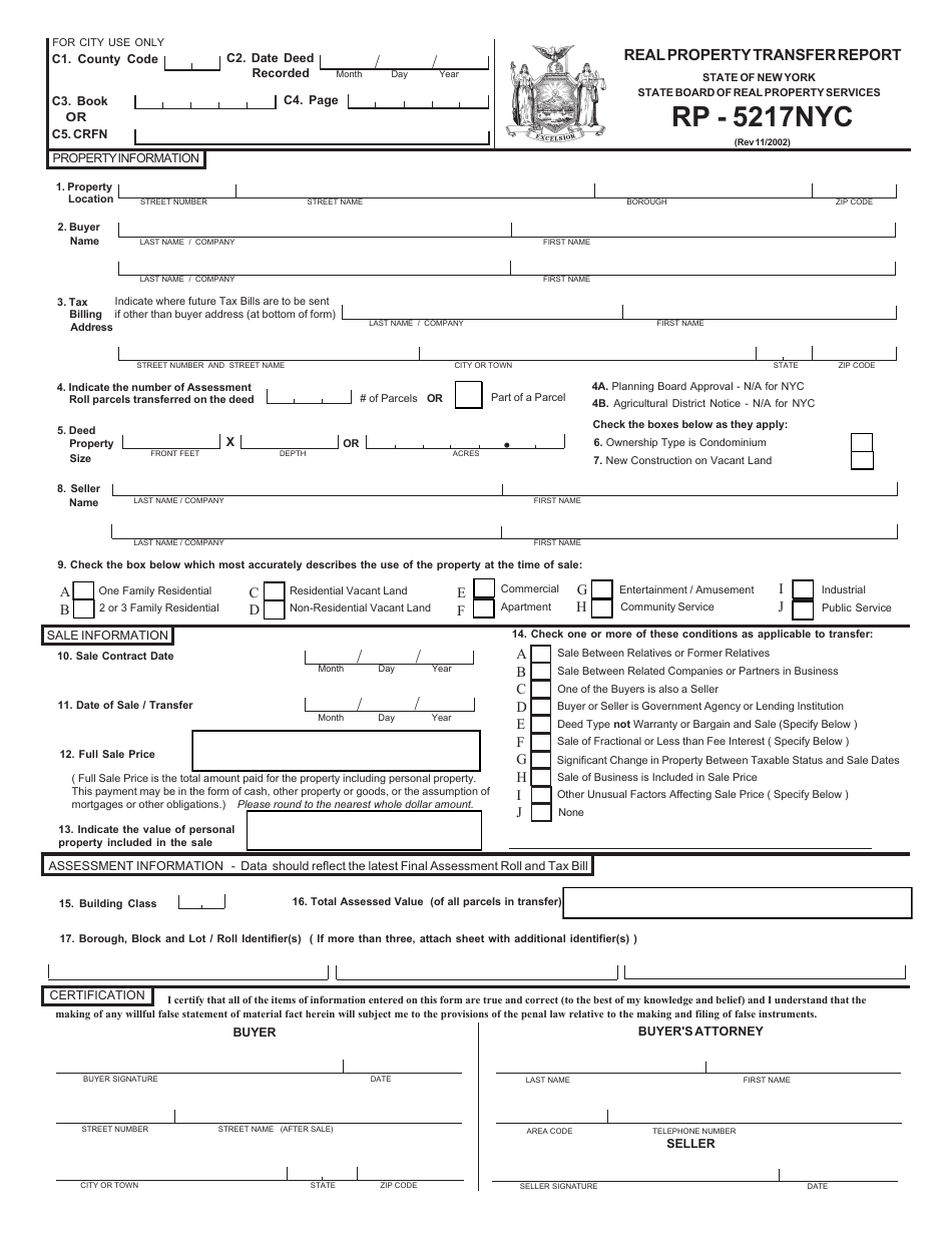 Form RP-5217NYC Real Property Transfer Report - New York City, Page 1