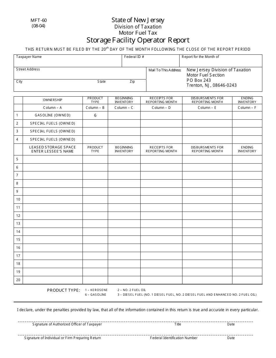 Form MFT-60 Storage Facility Operator Report - New Jersey, Page 1