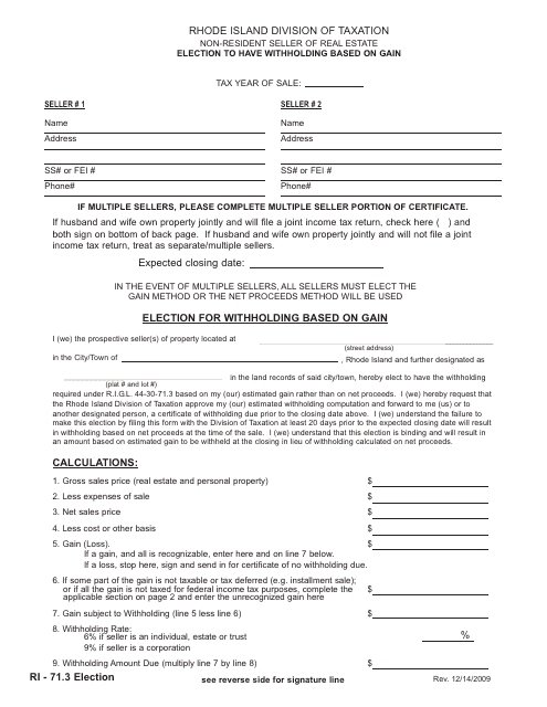 Form 71.3 Non-resident Seller of Real Estate - Election to Have Withholding Based on Gain - Rhode Island