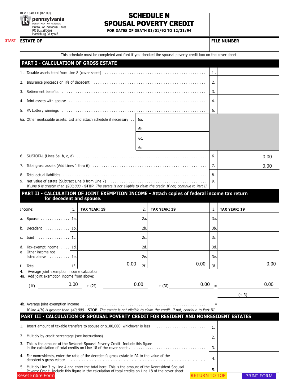Form REV-1648 Schedule N Spousal Poverty Credit - Pennsylvania, Page 1