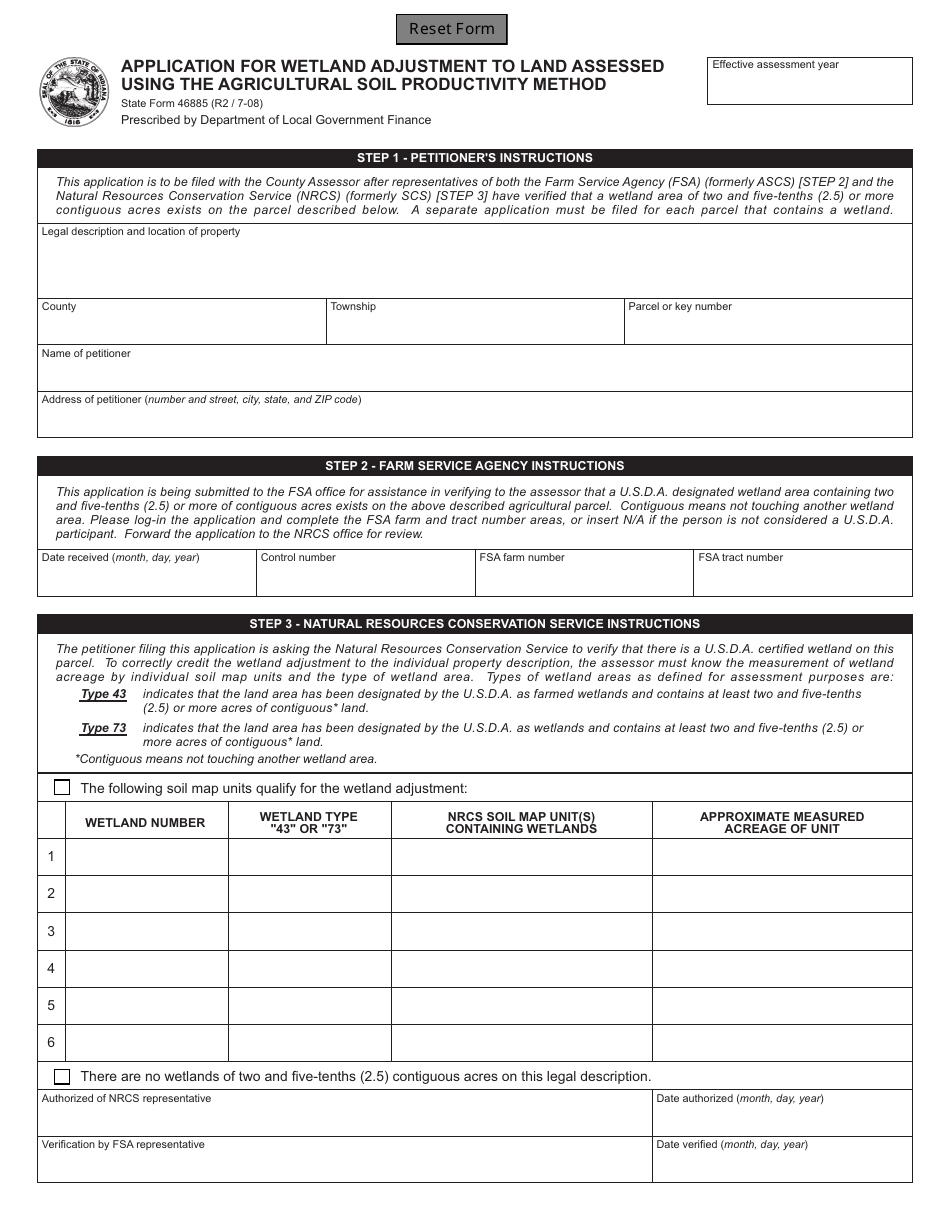 State Form 46885 Application for Wetland Adjustment to Land Assessed Using the Agricultural Soil Productivity Method - Indiana, Page 1