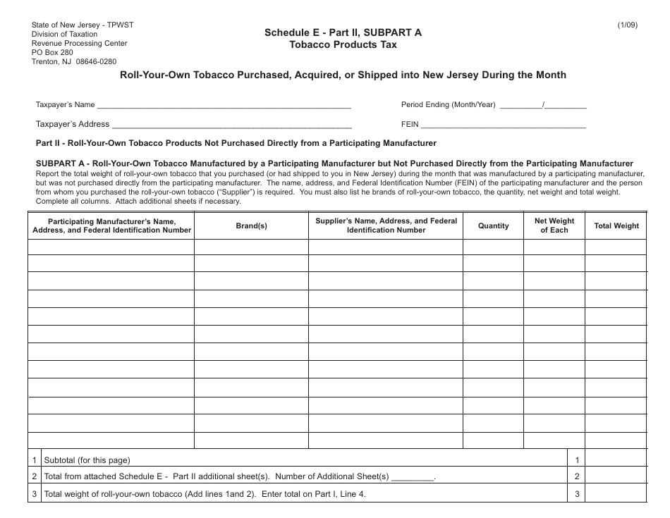 Schedule E Roll-Your-Own Tobacco Purchased, Acquired, or Shipped Into New Jersey During the Month - New Jersey, Page 3