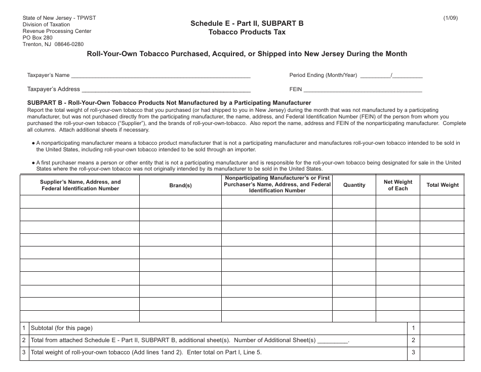 Schedule E Roll-Your-Own Tobacco Purchased, Acquired, or Shipped Into New Jersey During the Month - New Jersey, Page 5