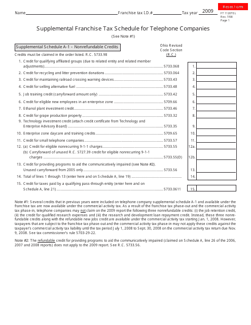 Form FT1120tel Supplemental Franchise Tax Schedule for Telephone Companies - Ohio, 2009