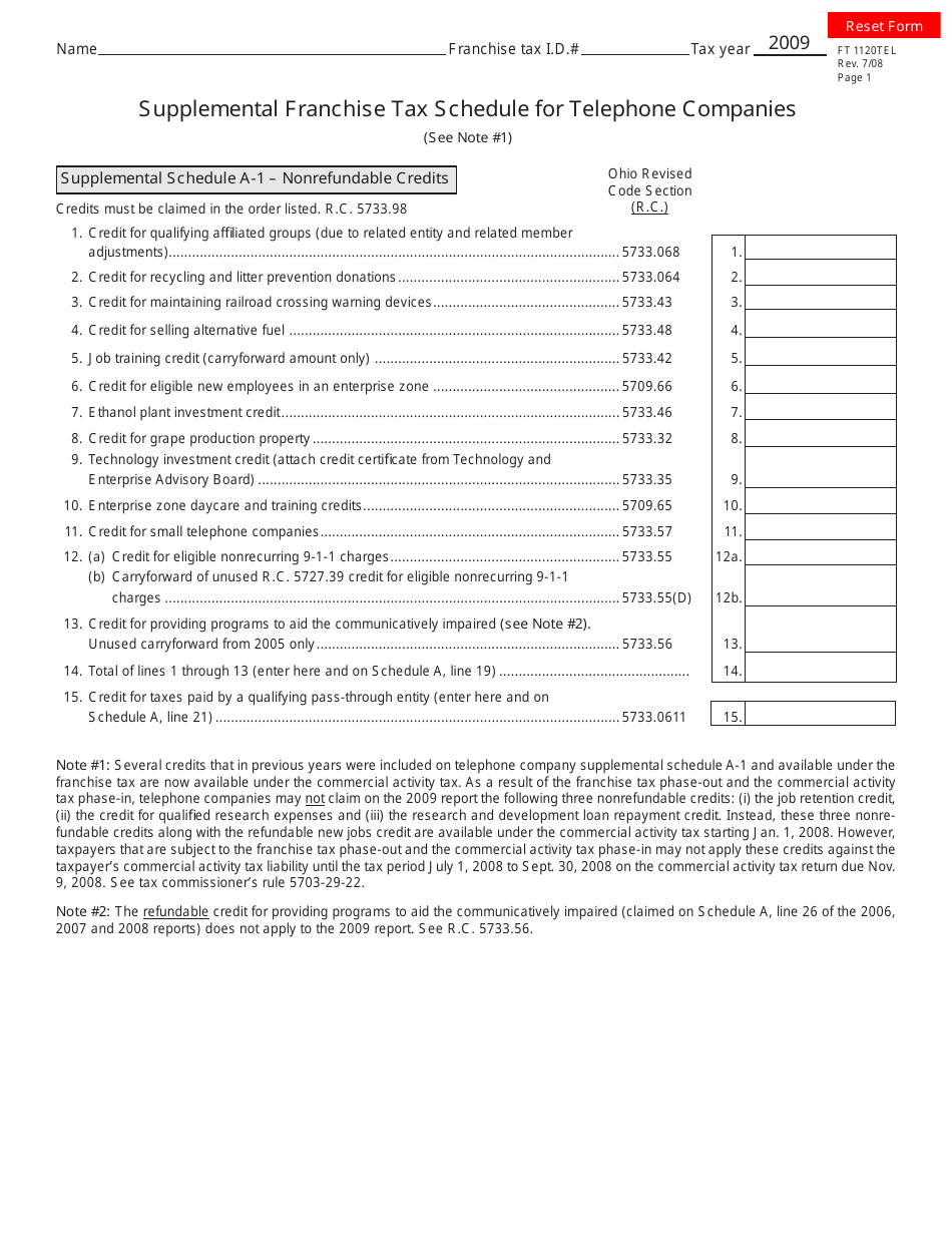 Form FT1120tel Supplemental Franchise Tax Schedule for Telephone Companies - Ohio, Page 1