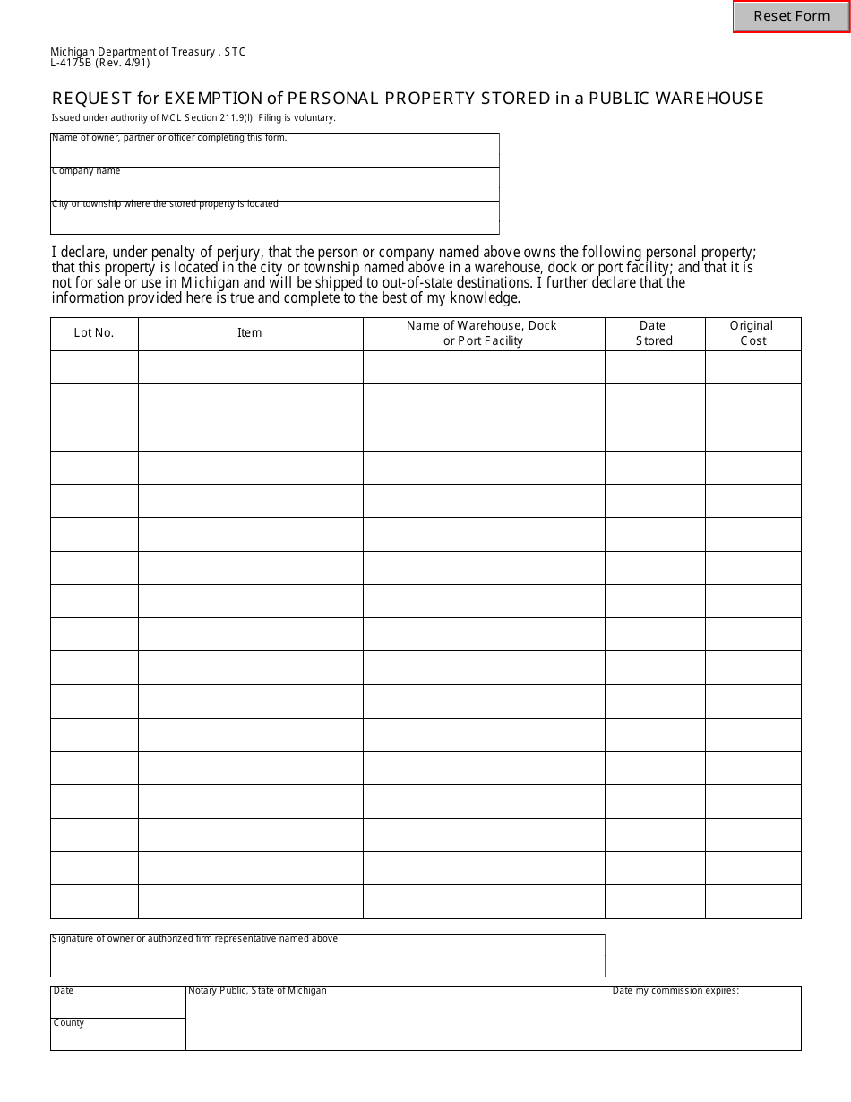 Form L-4175B Request for Exemption of Personal Property Stored in a Public Warehouse - Michigan, Page 1