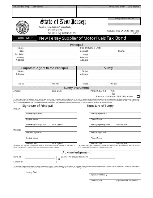 Form SMF-6 Tax Bond - New Jersey