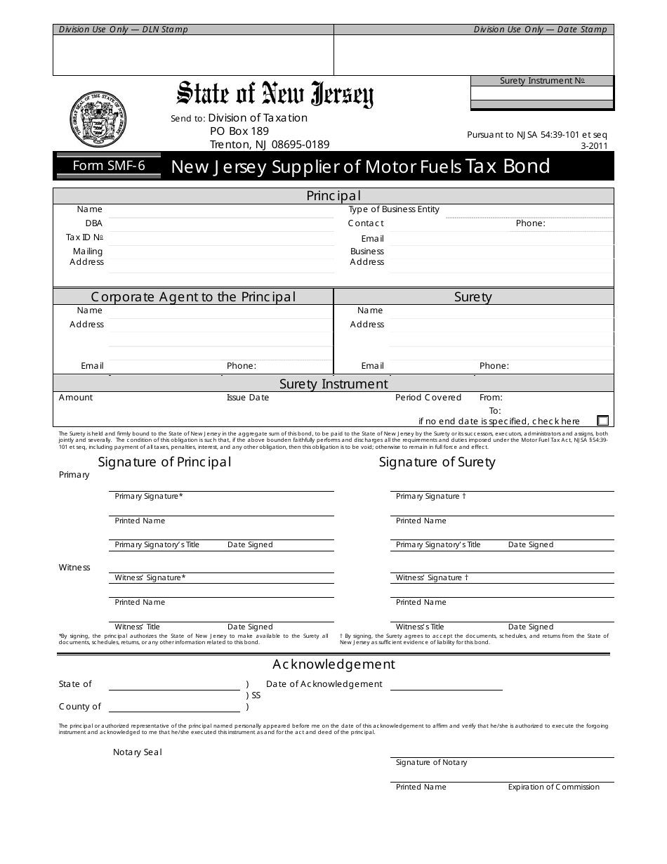 Form SMF-6 Tax Bond - New Jersey, Page 1