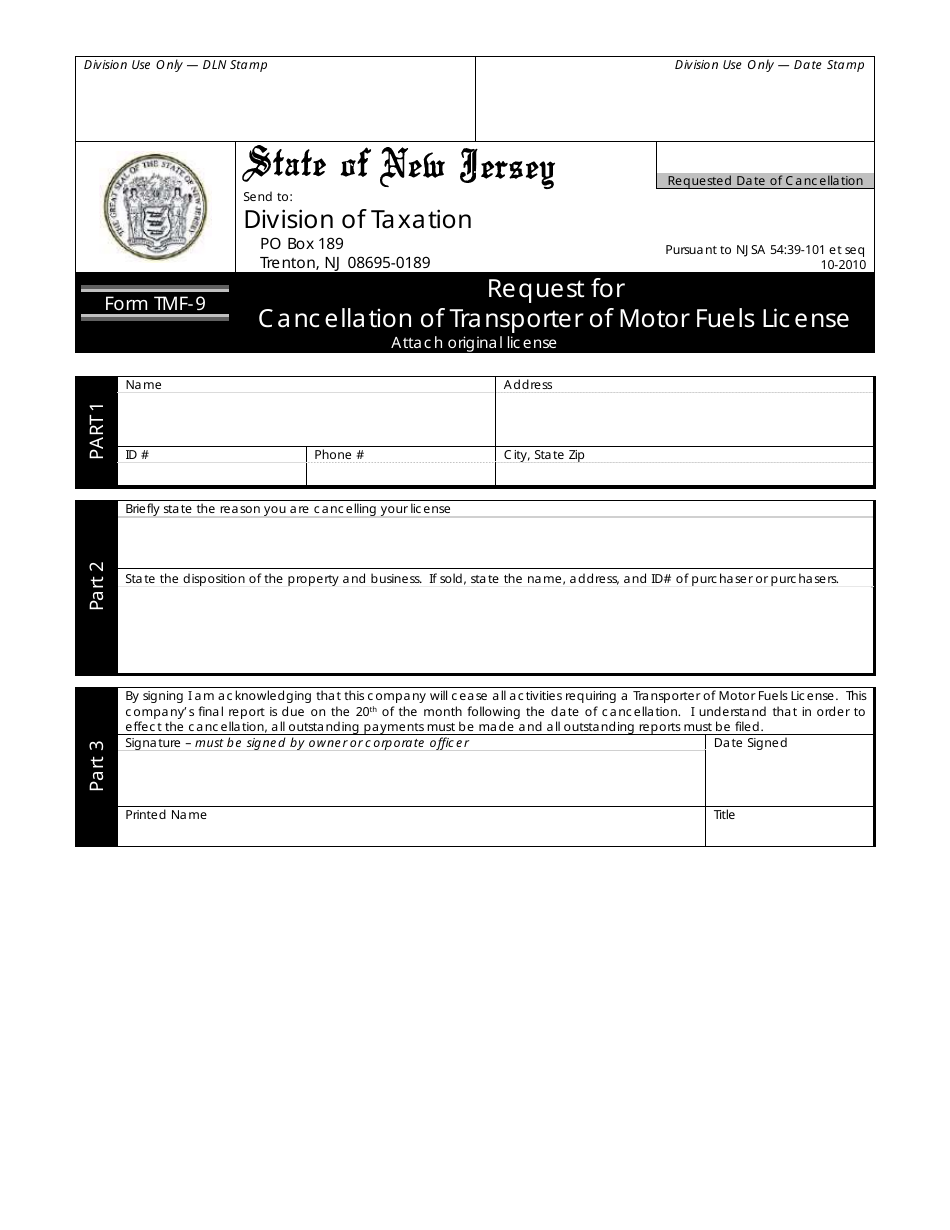 Form TMF-9 Request for Cancellation of Transporter of Motor Fuels License - New Jersey, Page 1