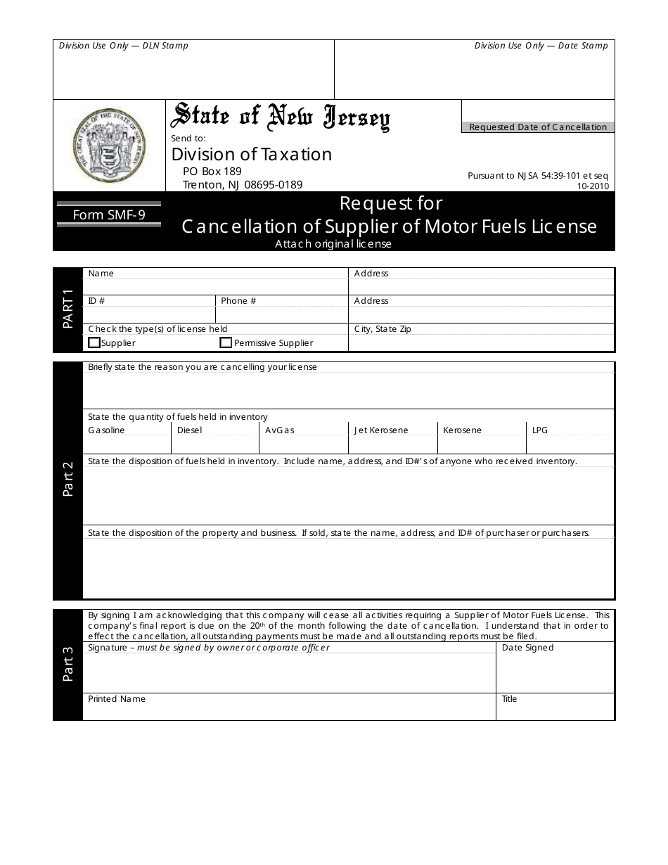 Form SMF-9 Request for Cancellation of Supplier of Motor Fuels License - New Jersey, Page 1