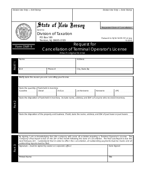 Form OMF-9 Request for Cancellation of Terminal Operator's License - New Jersey