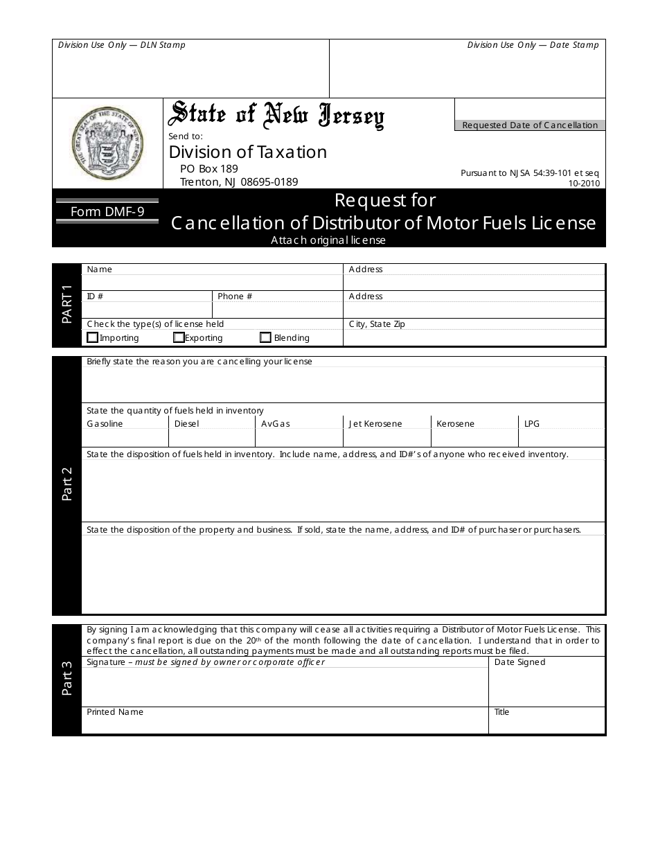 Form DMF-9 Request for Cancellation of Distributor of Motor Fuels License - New Jersey, Page 1