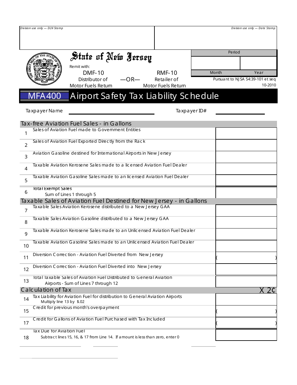 Form MFA400 Airport Safety Tax Liability Schedule - New Jersey, Page 1