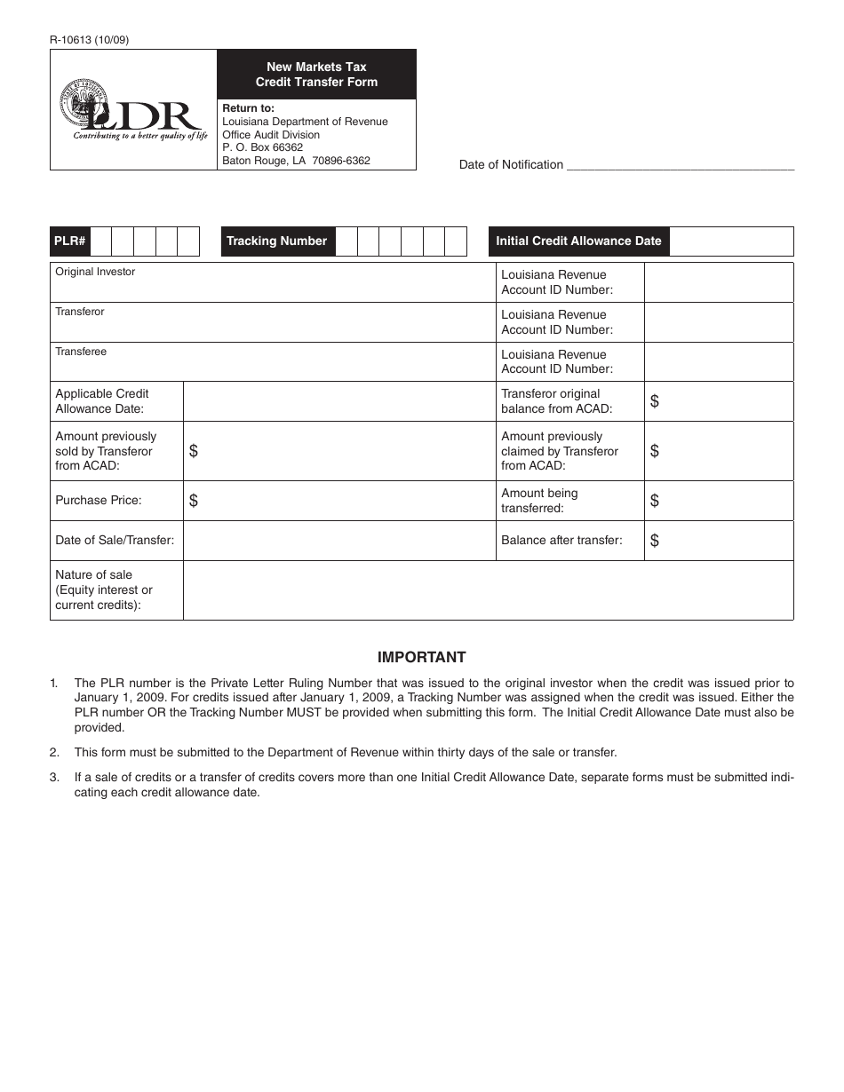Form R-10613 New Markets Tax Credit Transfer Form - Louisiana, Page 1
