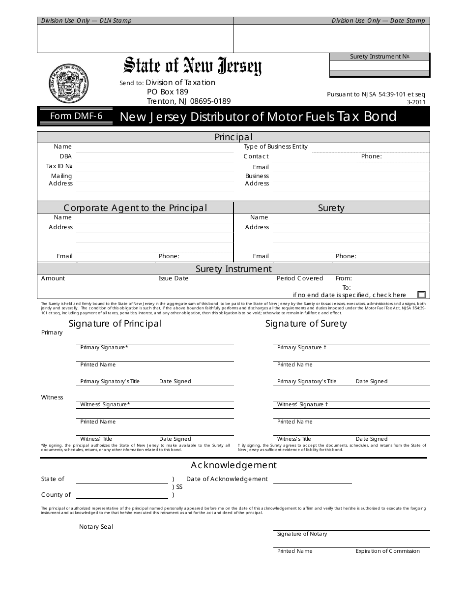 Form DMF-6 New Jersey Distributor of Motor Fuels Tax Bond - New Jersey, Page 1