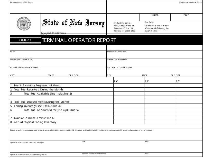 Form OMF-11 Terminal Operator Report - New Jersey