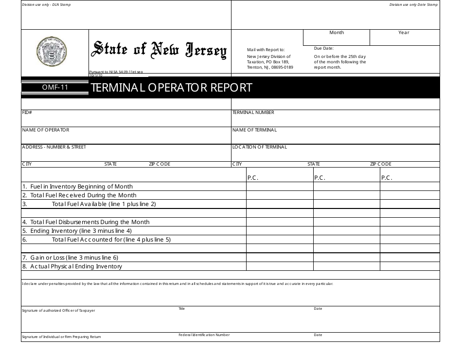 Form OMF-11 Terminal Operator Report - New Jersey, Page 1
