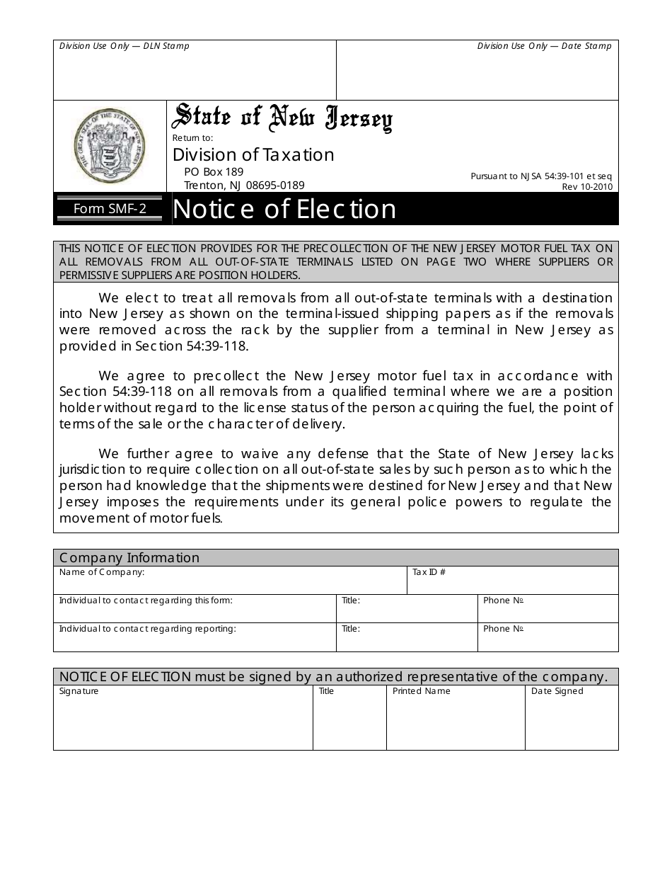 Form SMF-2 Notice of Election - New Jersey, Page 1