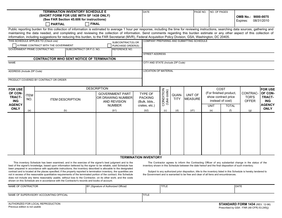 Form SF-1434 Termination Inventory Schedule E (Short Form for Use With SF 1438 Only), Page 1