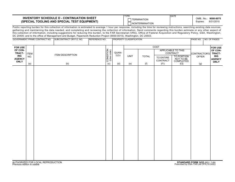 Form SF-1433 Inventory Schedule D - Continuation Sheet (Special Tooling and Special Test Equipment), Page 1
