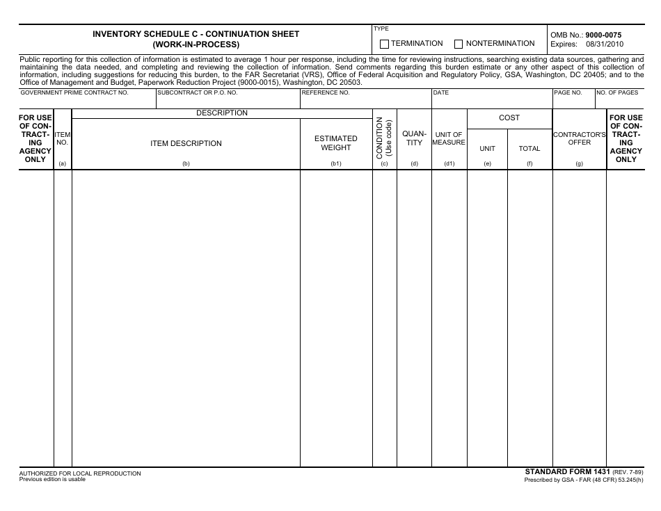 Form SF-1431 Inventory Schedule C - Continuation Sheet (Work-In-process), Page 1