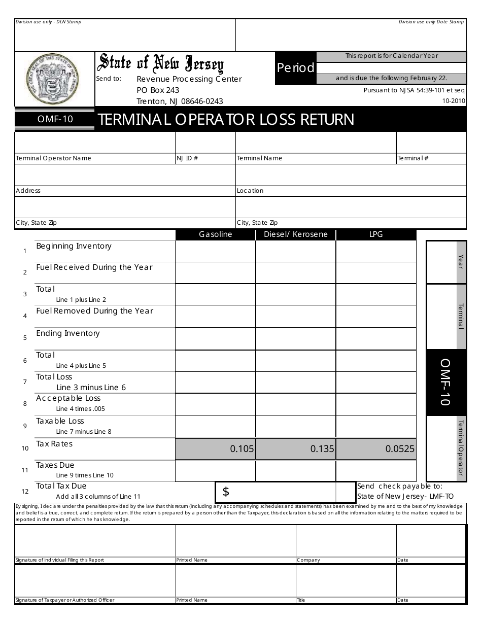 Form OMF-10 Terminal Operator Loss Return - New Jersey, Page 1