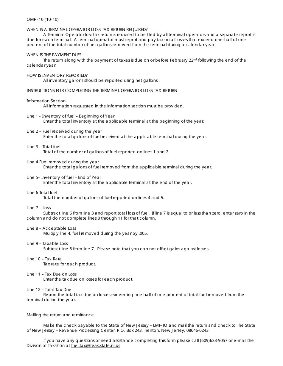 Form OMF-10 Terminal Operator Loss Return - New Jersey, Page 2