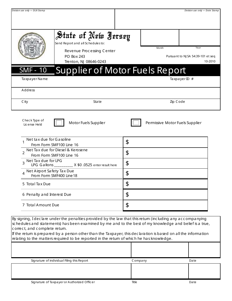 Form SMF-10 Supplier of Motor Fuels Report - New Jersey, Page 1