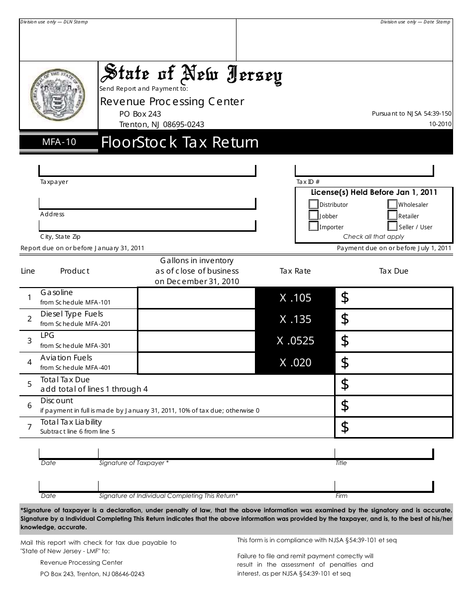 Form MFA-10 Floorstock Tax Return - New Jersey, Page 1
